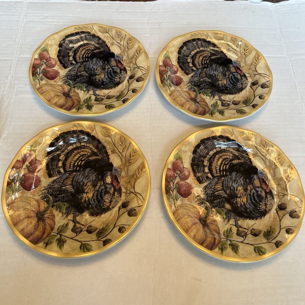 Pottery Barn Fresco Turkey Plates Set Of 4 Salad Plates 9” Turkey Thanksgiving